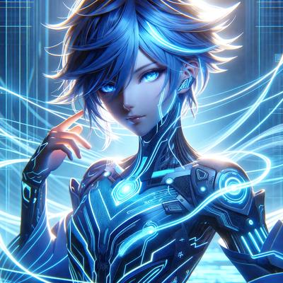 The primary subject of the image is a woman with blue hair, wearing a futuristic outfit. She is posing for the camera with her hand on her chin. The setting is a futuristic environment, possibly a digital art or illustration. The visual style is a combination of photo and digital art, creating a unique and captivating image. The colors and mood are predominantly blue, giving the scene a futuristic and technological atmosphere.